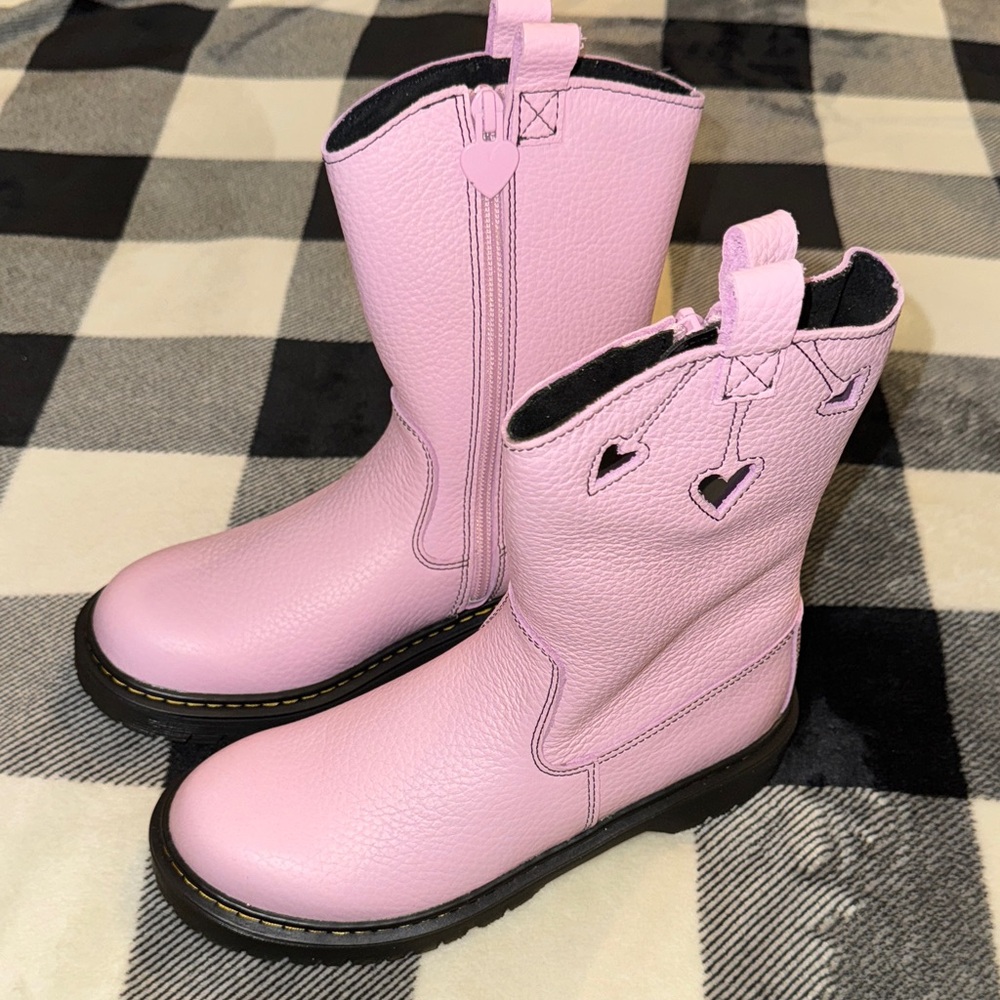 New Dr. Doc Martens Kids Pink Heart Cutout Boots Girls Sizes 4 & 6.
